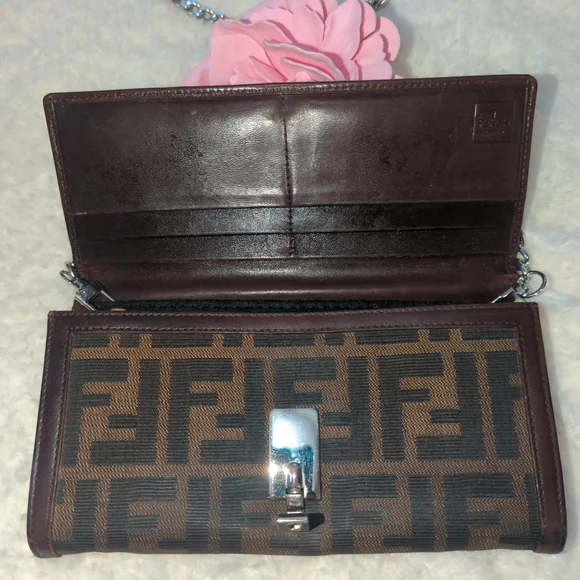 Fendi Authentic Zucca Brown Monogram Wallet Or Shoulder Bag with Silver Chain - Picture 3 of 10